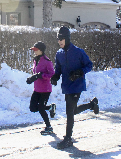 Neil and Carrie on a winter warm-up run, cropped.